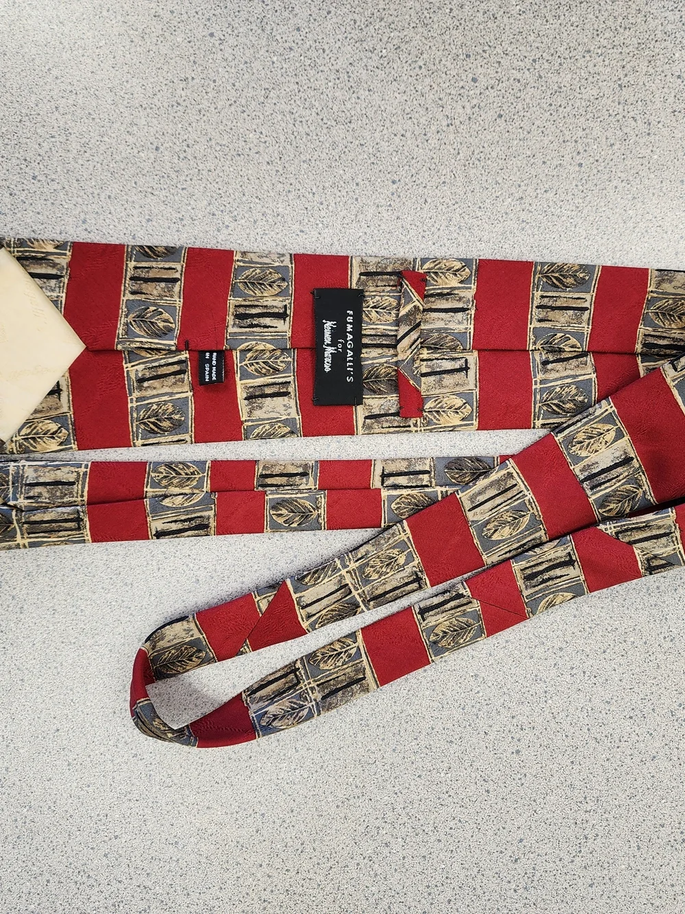 Fumagalli's for Neiman Marcus Red Gold Leaf Printed Silk Tie Spain